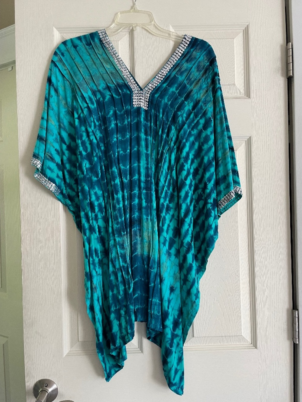 Coco Kai Caftan Bathing Suit Coverup. One Size fits all. Teal, silver sequins